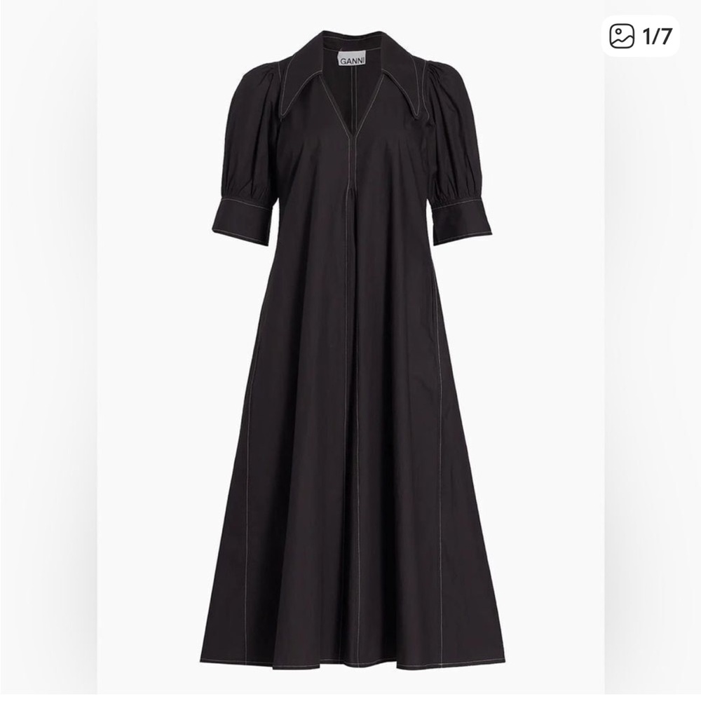 Ganni Black Cotton Poplin V-Neck Midi Dress